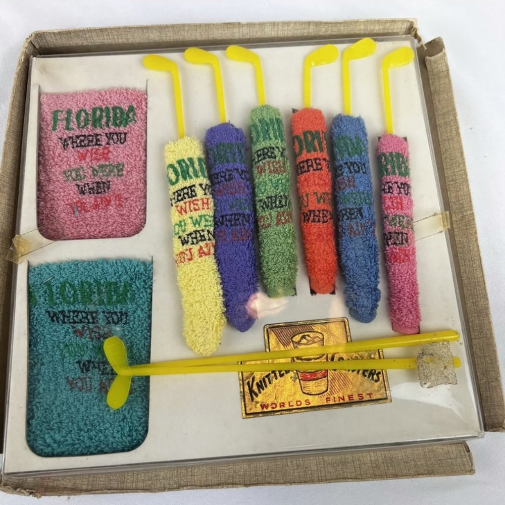 Vintage Worlds Finest Knitted Golf Coasters Stir Sticks New Old Stock Florida